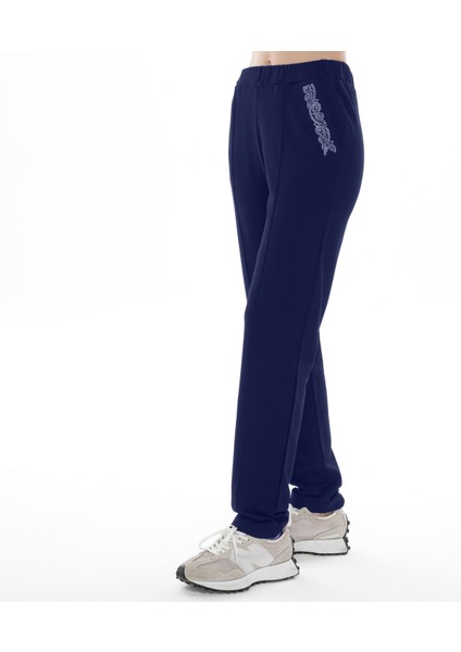 Kadın Cebi Taş Baskılı Şardonlu Lacivert Eşofman Altı (Büyük Beden Seçeneğiyle)