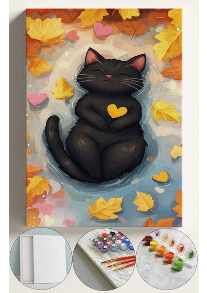 Sayılarla Boyama Çerçeveli Hobi Seti Numaralı Tuval Fırça Boya Dahil Kasnaklı 40X50 cm Sarı Kalp Kedi