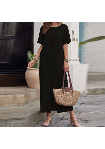 Keten Günlük Rahat Yırtmaç Detaylı Elbise