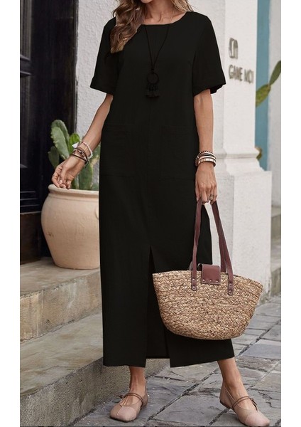 Keten Günlük Rahat Yırtmaç Detaylı Elbise fiyatları