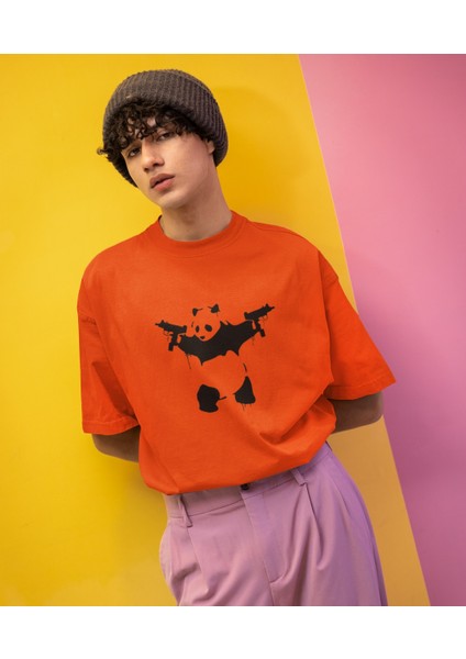 Silahlı Panda Baskılı Oversize Erkek Tişört