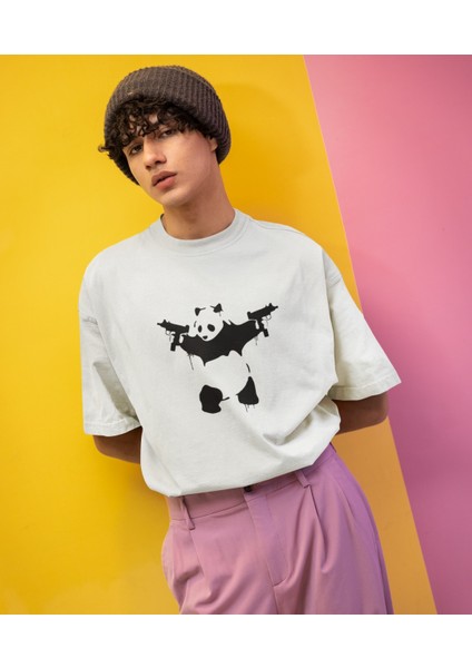 Silahlı Panda Baskılı Oversize Erkek Tişört