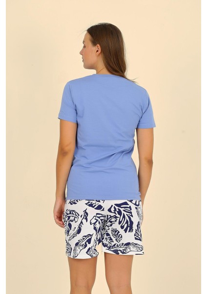 Kadın Şortlu Kısa Kol Penye Pijama Takımı Mavi 3622