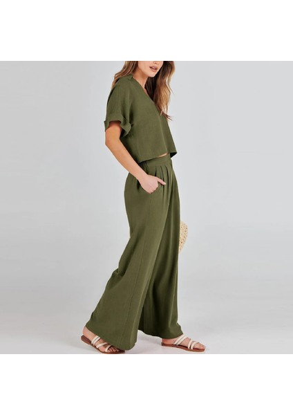 Ikili Takım V Yaka Kısa Kollu Salaş Rahat Elbise Zarif Kadin T-Shirt ve Uzun Pantolon Alt Üst indirimleri