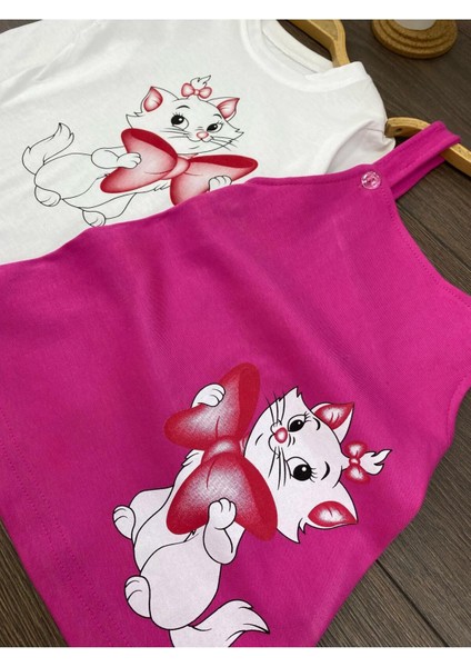 " Baby Kız Çocuk Jile Takım- Sevimli Kedi Baskılı, Askılı Elbise & Uzun Kollu Tişort"