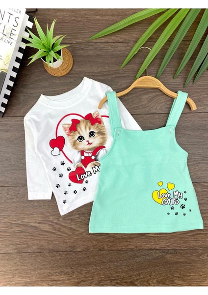 “ Baby Kız Çocuk Jile Takım - Kedi Baskılı, Uzun Kollu Tişört Askılı Elbise”