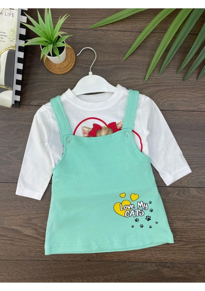 “ Baby Kız Çocuk Jile Takım - Kedi Baskılı, Uzun Kollu Tişört Askılı Elbise”