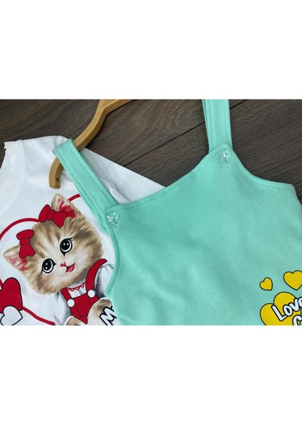 “ Baby Kız Çocuk Jile Takım - Kedi Baskılı, Uzun Kollu Tişört Askılı Elbise”
