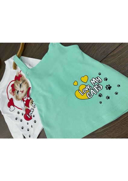 “ Baby Kız Çocuk Jile Takım - Kedi Baskılı, Uzun Kollu Tişört Askılı Elbise”