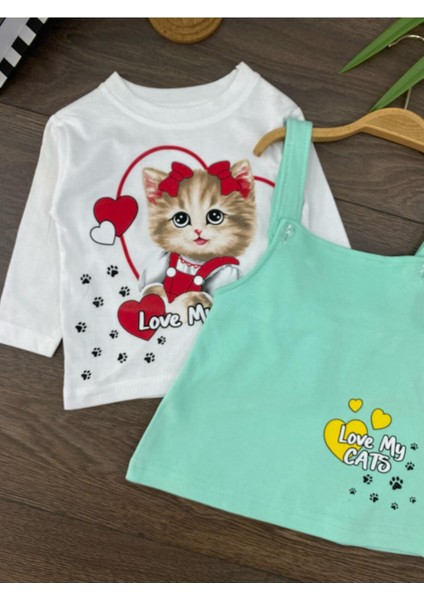“ Baby Kız Çocuk Jile Takım - Kedi Baskılı, Uzun Kollu Tişört Askılı Elbise”
