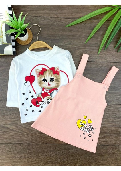 “ Baby Kız Çocuk Jile Takım - Kedi Baskılı, Uzun Kollu Tişört Askılı Elbise”