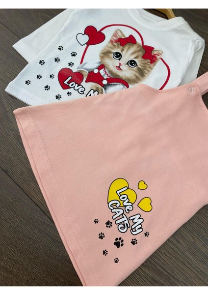 “ Baby Kız Çocuk Jile Takım - Kedi Baskılı, Uzun Kollu Tişört Askılı Elbise”