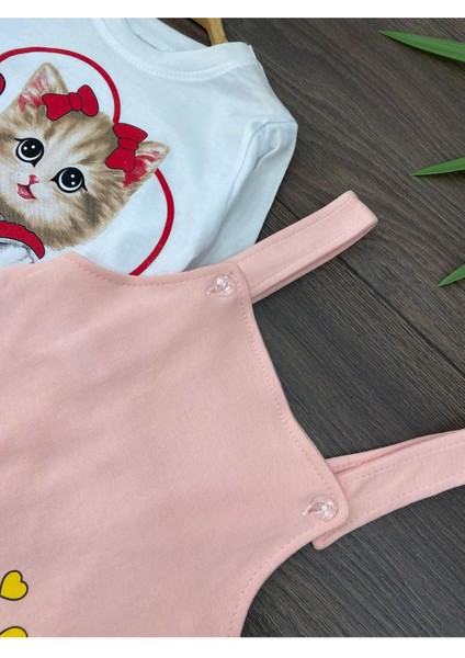 “ Baby Kız Çocuk Jile Takım - Kedi Baskılı, Uzun Kollu Tişört Askılı Elbise”