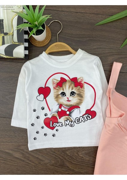 “ Baby Kız Çocuk Jile Takım - Kedi Baskılı, Uzun Kollu Tişört Askılı Elbise”