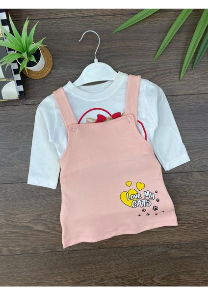 “ Baby Kız Çocuk Jile Takım - Kedi Baskılı, Uzun Kollu Tişört Askılı Elbise”