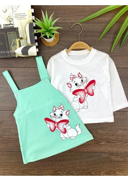 " Baby Kız Çocuk Jile Takım- Sevimli Kedi Baskılı, Askılı Elbise & Uzun Kollu Tişort"