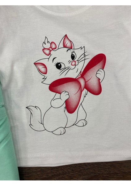 " Baby Kız Çocuk Jile Takım- Sevimli Kedi Baskılı, Askılı Elbise & Uzun Kollu Tişort"