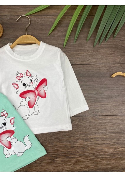 " Baby Kız Çocuk Jile Takım- Sevimli Kedi Baskılı, Askılı Elbise & Uzun Kollu Tişort"