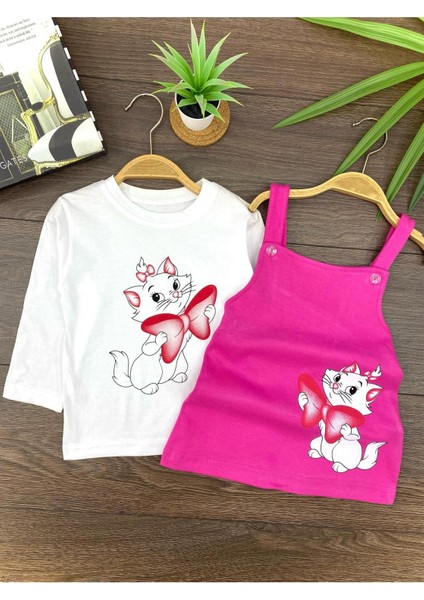 " Baby Kız Çocuk Jile Takım- Sevimli Kedi Baskılı, Askılı Elbise & Uzun Kollu Tişort"
