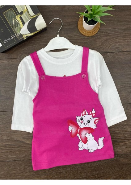 " Baby Kız Çocuk Jile Takım- Sevimli Kedi Baskılı, Askılı Elbise & Uzun Kollu Tişort"