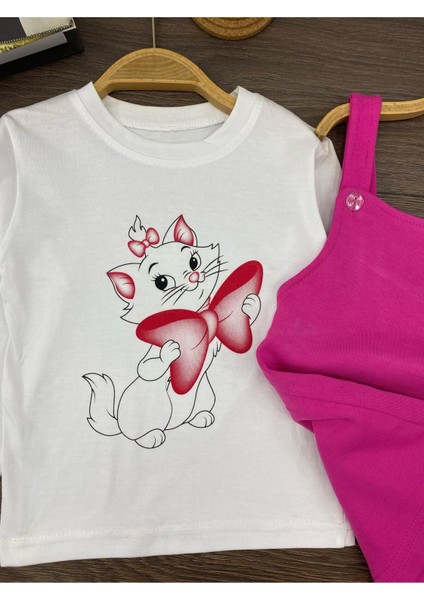 " Baby Kız Çocuk Jile Takım- Sevimli Kedi Baskılı, Askılı Elbise & Uzun Kollu Tişort"