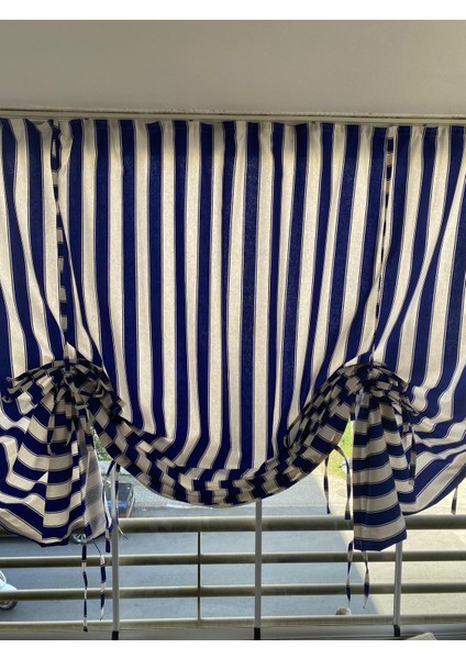 Ikea Model Büzgülü Mavi Beyaz Balkon Perdesi