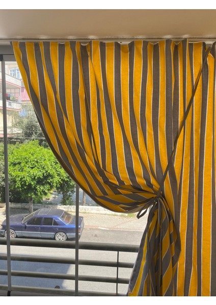 Ikea Model Büzgülü Sarı Gri Krem Balkon Perdesi