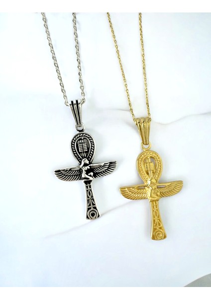 Ankh Kanatlı Isis ve Mısır Sembolleri Detaylı Parlak G Unisex Tasarım 925 Ayar Gümüş Kolye