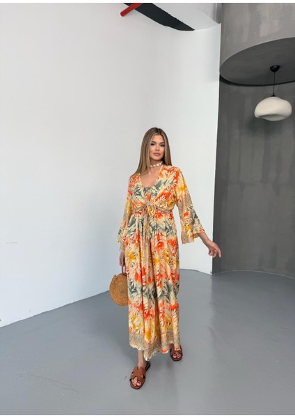 Desenli Bağlama Detaylı Kadın Alt Üst Takım