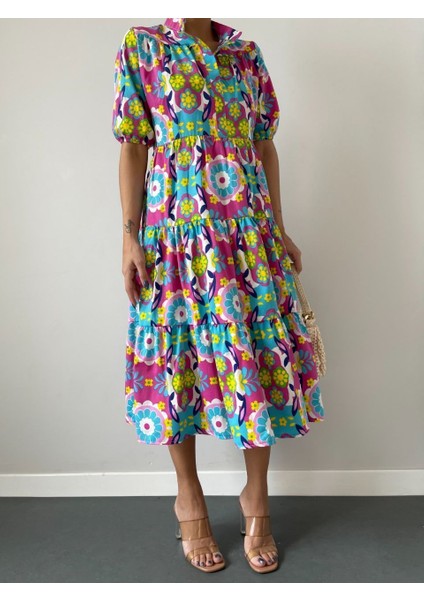 Renkli Çiçek Desenli Kat Kat Yazlık Poplin Elbise
