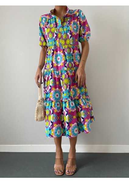Renkli Çiçek Desenli Kat Kat Yazlık Poplin Elbise fiyatları