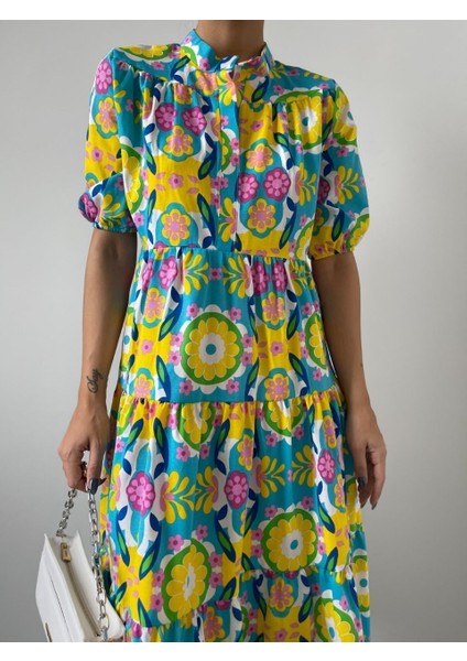 Renkli Çiçek Desenli Kat Kat Yazlık Poplin Elbise