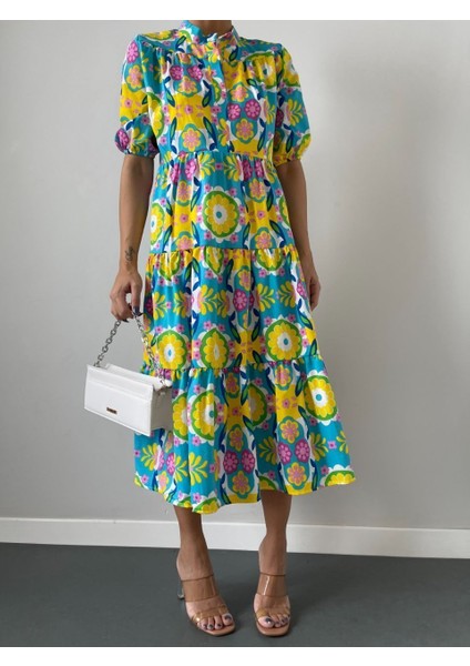 Renkli Çiçek Desenli Kat Kat Yazlık Poplin Elbise fiyatları