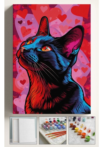 Sayılarla Boyama Çerçeveli Hobi Seti Numaralı Tuval Fırça Boya Dahil Kasnaklı 40X50 cm Siyah Kalp Kedi