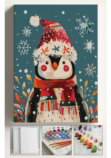 Sayılarla Boyama Çerçeveli Hobi Seti Numaralı Tuval Fırça Boya Dahil Kasnaklı 40X50 cm Şirin Penguen