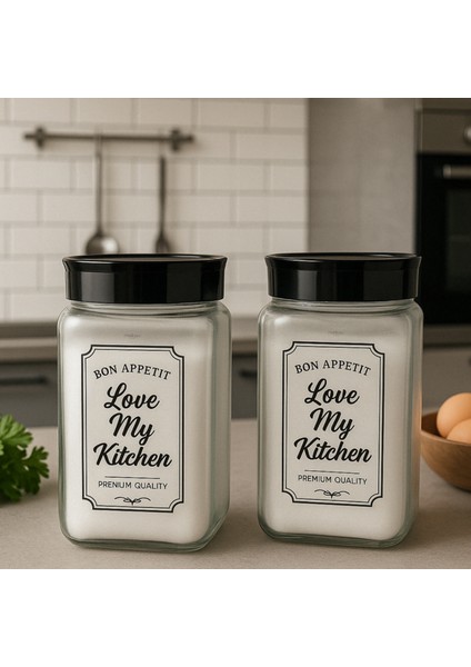 2 Adet Cam Kavanoz, Love My Kitchen 720 ml Cam Saklama Kavanozu Siyah Kapaklı, Hava Geçirmez 720 cc