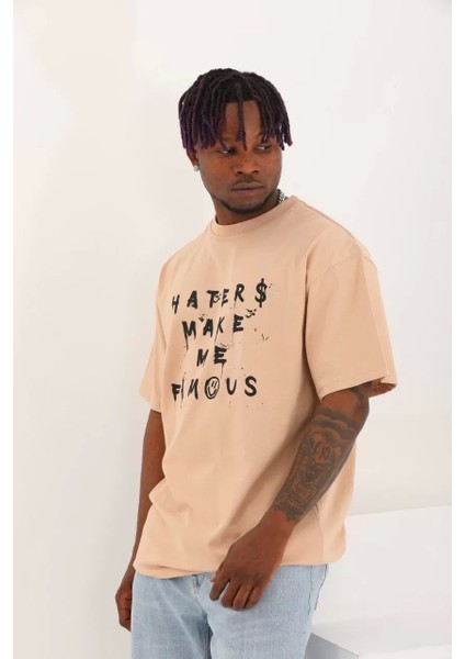 Oversize Baskılı Bisiklet Yaka T-Shirt - Bej