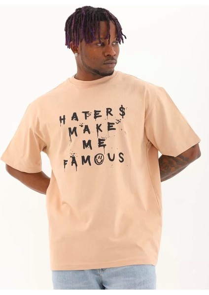 Oversize Baskılı Bisiklet Yaka T-Shirt - Bej