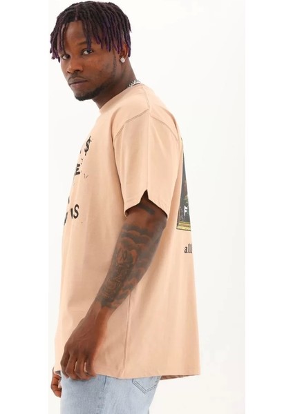 Oversize Baskılı Bisiklet Yaka T-Shirt - Bej
