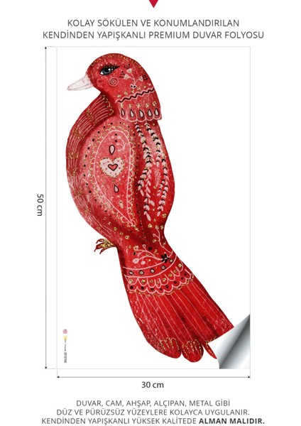 Iskandinav Tarzı Kırmızı Güvercin Duvar Stickeri | Yatak Odası Duvar Stickeri | Güvercin Sticker