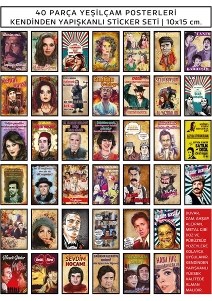 40 Parça Yeşilçam Posterleri Kendinden Yapışkanlı Sticker Seti | 10 x 15 cm .