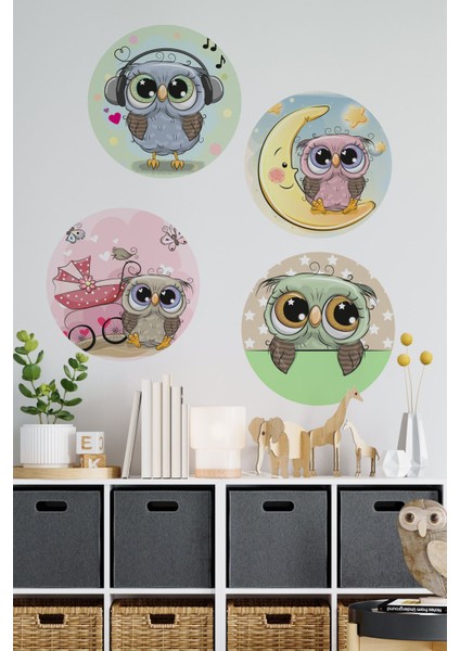 Sevimli Baykuşlar 4lü Duvar Stickeri | Baykuş Duvar Stickeri | Çocuk Odası Sticker