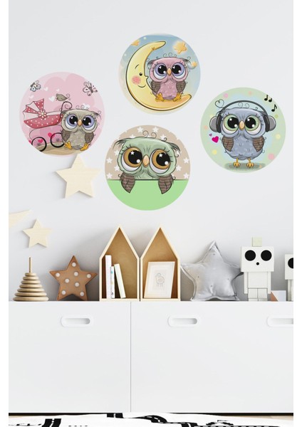 Sevimli Baykuşlar 4lü Duvar Stickeri | Baykuş Duvar Stickeri | Çocuk Odası Sticker modelleri