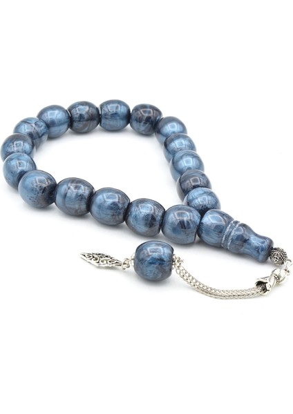 Gümüş Kaplama Kamçılı Sedefli Mavi Toz Kehribar Efe Maskot Tesbih