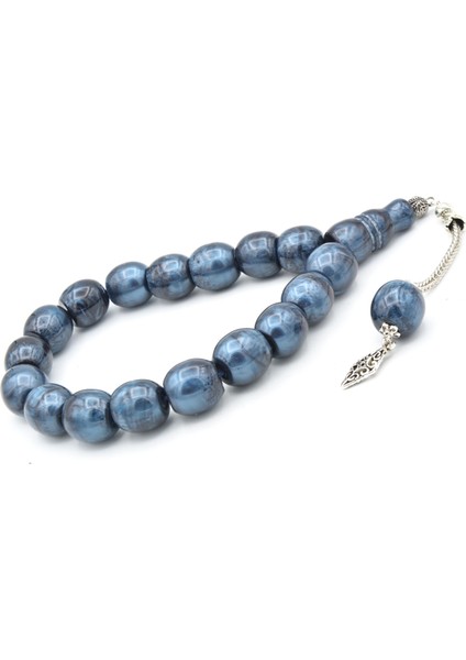 Gümüş Kaplama Kamçılı Sedefli Mavi Toz Kehribar Efe Maskot Tesbih fiyatları