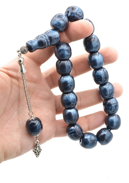 Gümüş Kaplama Kamçılı Sedefli Mavi Toz Kehribar Efe Maskot Tesbih indirimleri