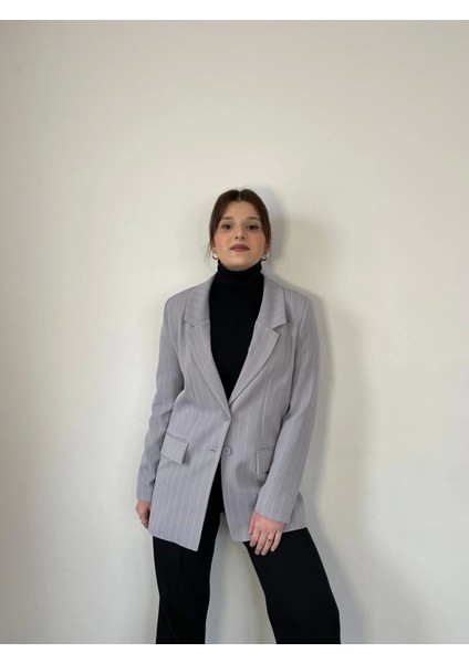 Çizgili Blazer Ceket-Gri