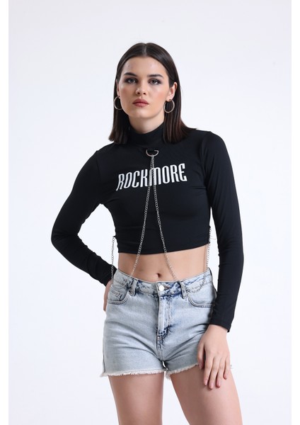 Kadın Trend Alaçatı Stili Rockmore Baskılı Zincir Detay Beyaz Crop Bluz