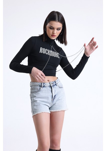 Kadın Trend Alaçatı Stili Rockmore Baskılı Zincir Detay Beyaz Crop Bluz fiyatları