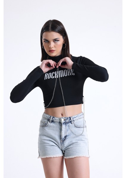 Kadın Trend Alaçatı Stili Rockmore Baskılı Zincir Detay Beyaz Crop Bluz fırsatları